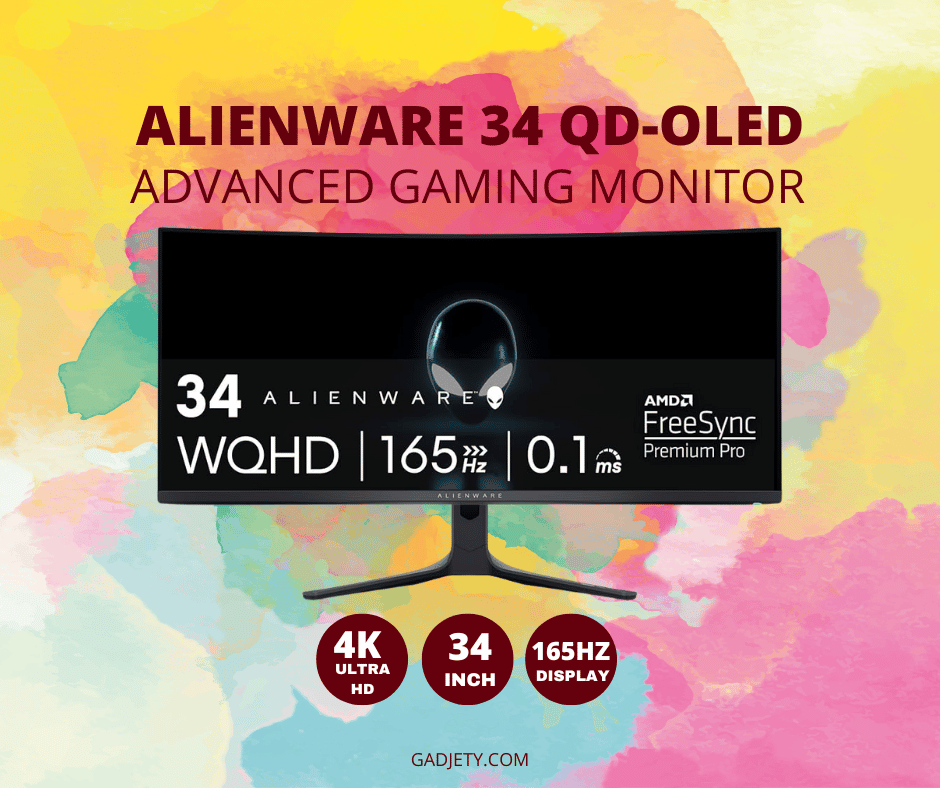 Curved Alienware 34 QD-OLED gaming monitor displaying vibrant gameplay.