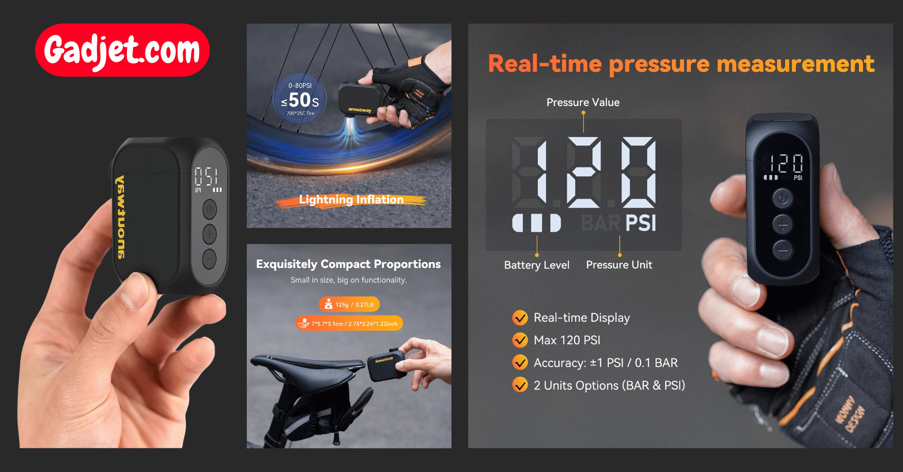 Portable electric bike pump inflating a road tire quickly and effortlessly