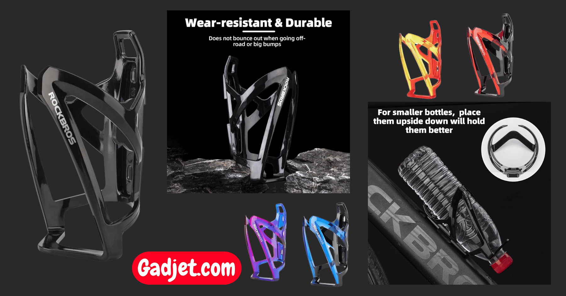 ROCKBROS ultra-light bottle cage securely holding an insulated bottle on a road bike