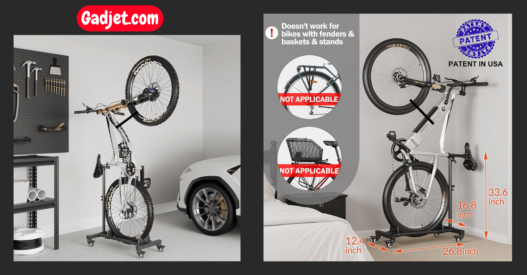 Adjustable freestanding vertical bike stand saving space in a garage or apartment