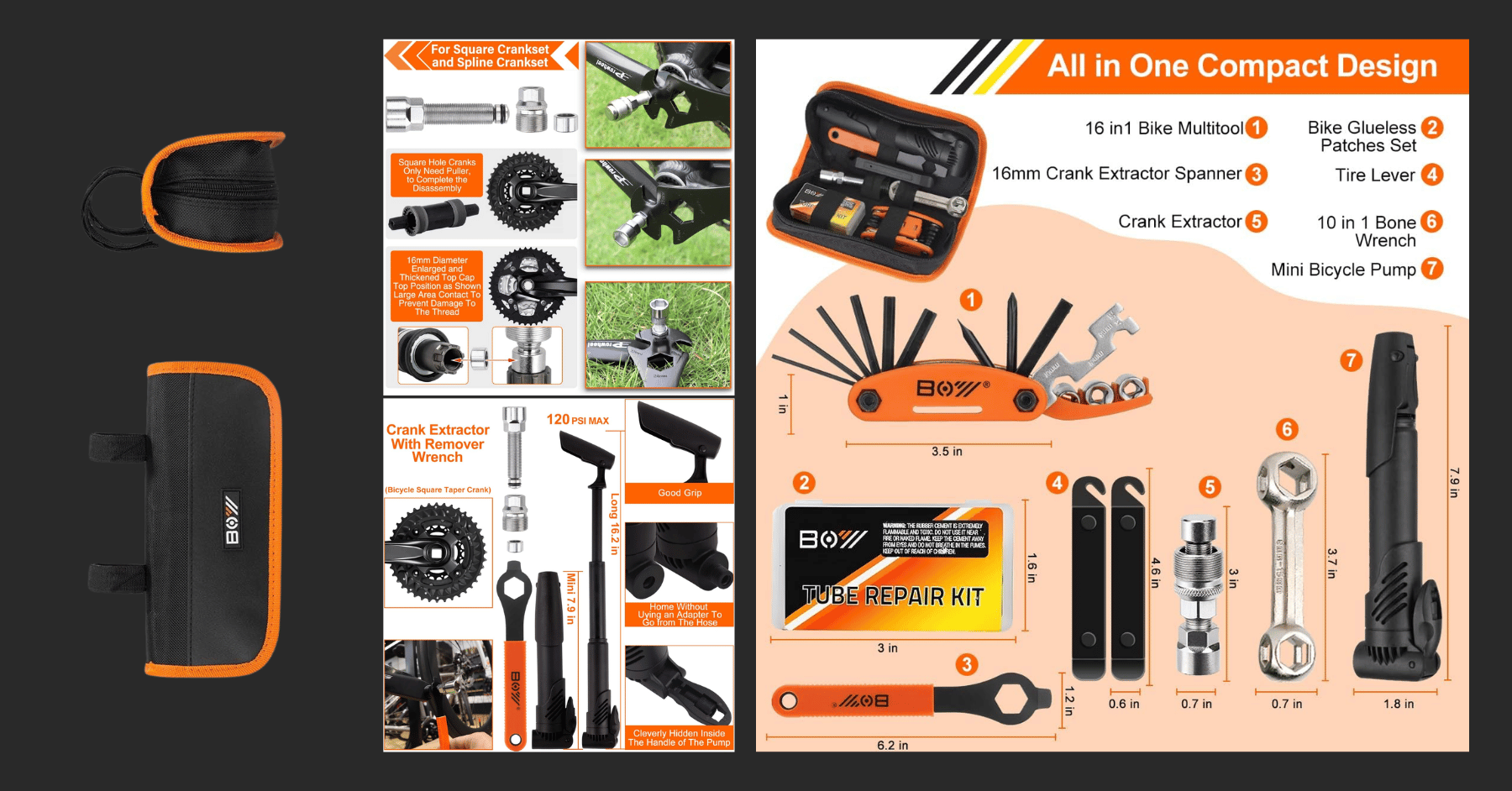 Comprehensive repair bag with electric pump, glueless patches, and multi-tools