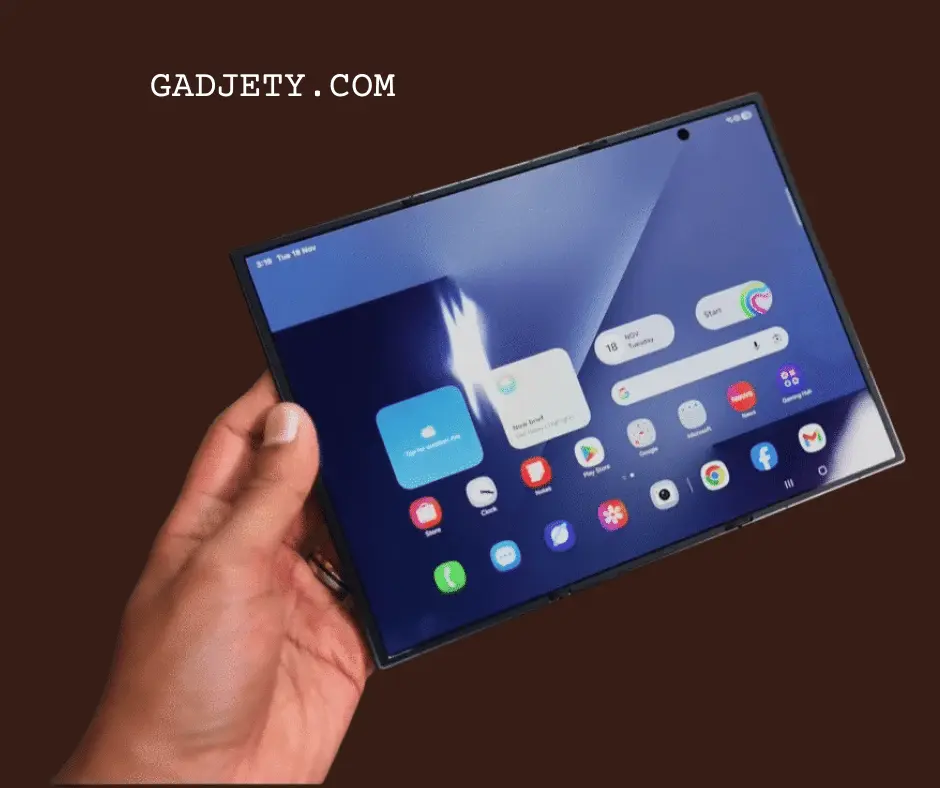 Galaxy Z TriFold unfolded, displaying multitasking app.