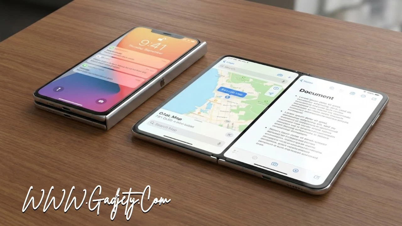 Foldable Apple iPhone on a wooden table. One device is folded, showing a compact 5.5-inch outer screen with notifications. Next to it, another device is fully unfolded into a 7.8-inch mini-tablet, displaying a split-screen interface with a map and a document.